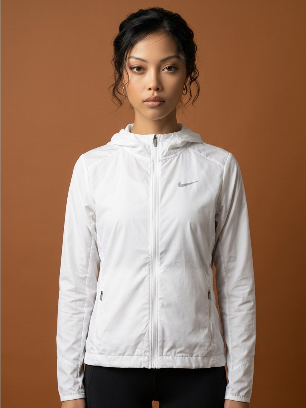 Nike Shield Running Jacket Womens L Gray Hooded Windbreaker Full Zip Packable